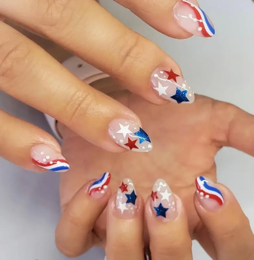 4th of July All Stars nail design with dark red, white, and sparkle blue colors featuring star stickers, perfect for a patriotic and festive celebration