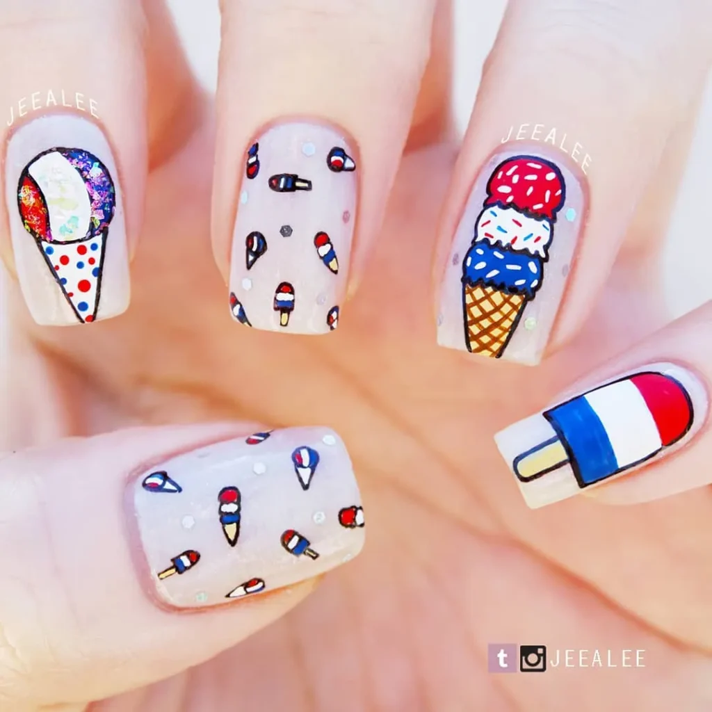 4th of July nail decals featuring ice cream designs in red, blue, and white for a fun and festive patriotic manicure