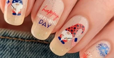 easy 4th of July nails with stamper plates and layered stamps, featuring red, white, and blue colors for a festive patriotic look