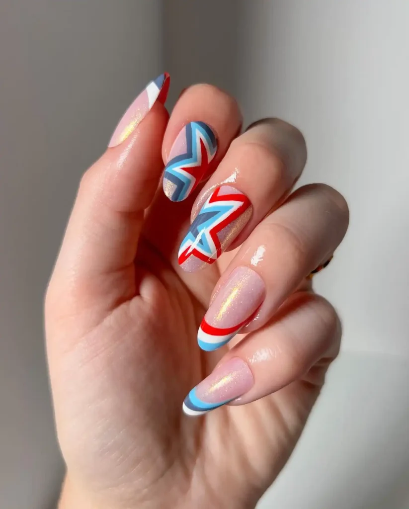 Classy patriotic nail designs with muted red and blue shades, delicate gold and silver accents, perfect for a sophisticated 4th of July event