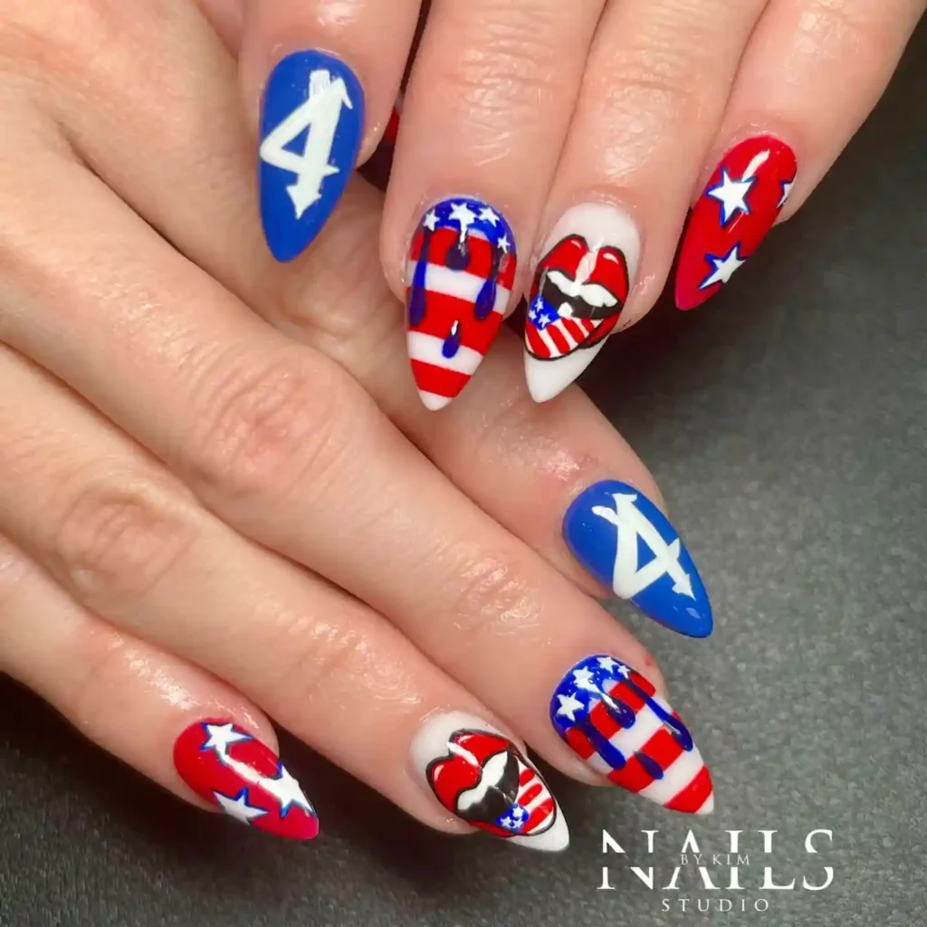 Fourth of July nail stickers with stars and flags in red, blue, and white for a festive patriotic manicure