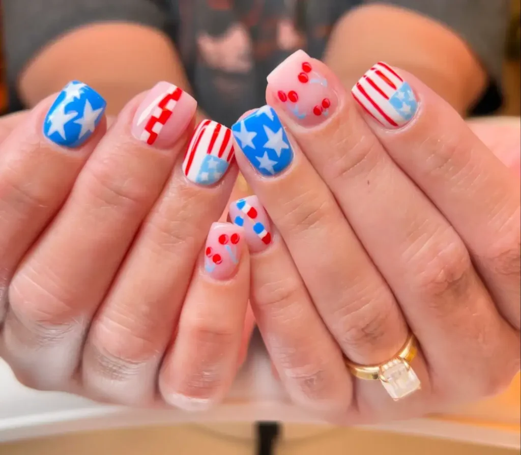 Red white and blue nails with stars and stripes design, perfect 4th of July nail art for a patriotic look