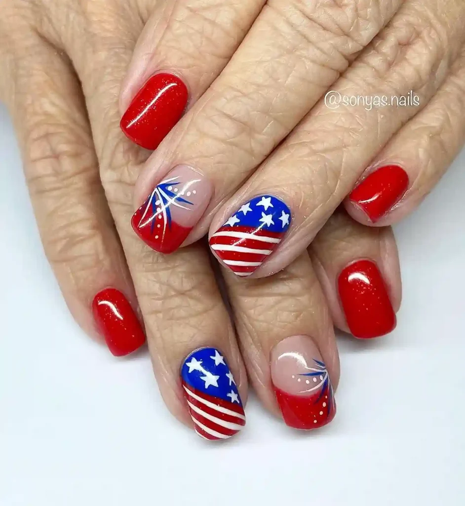 Simple gel nails in red, blue, and white with American flag, stars, and stripes design, perfect for a minimalist patriotic look