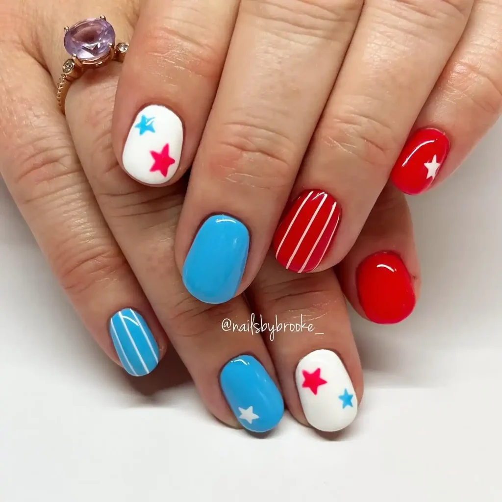 Simple gel nails in red, blue, and white with stars and stripes design, perfect minimalist patriotic nail art